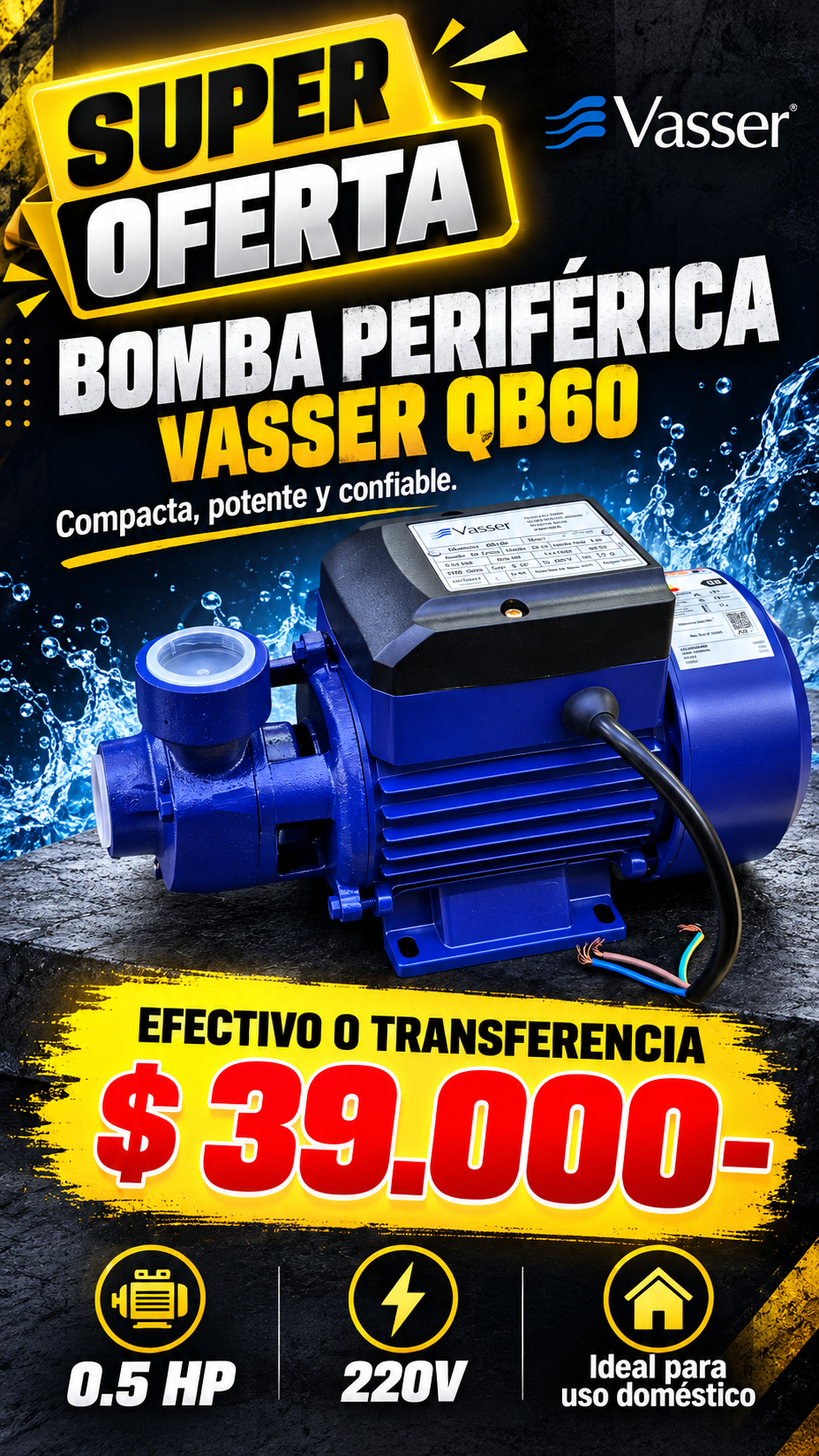 Oferta de bomba periférica Vasser QB60 por 39.000 pesos en efectivo o transferencia